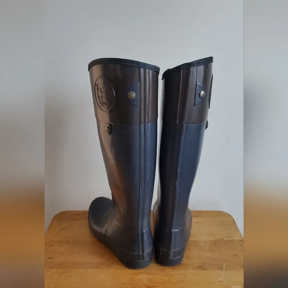 Hunter Regent Carlyle Dark Blue Rain Boots With Brown Accent Size US 9